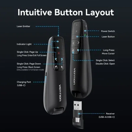 Vention Presentador Inalámbrico KQPB0-GL con Air Mouse y Láser Verde, Negro Vention Presentador Inalámbrico KQPB0-GL con Air Mouse y Láser Verde, Negro